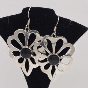 Silver Flower Shaped Boho Drop Earrings Set In Black Onyx
